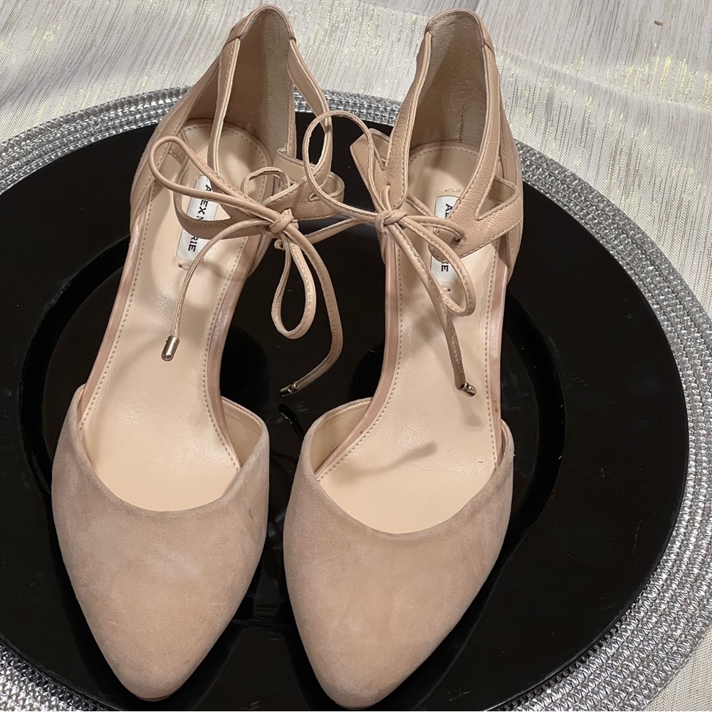 Taupe colored with ankle strap and tie and stiletto heel, size 7, by ALEX MARIE.